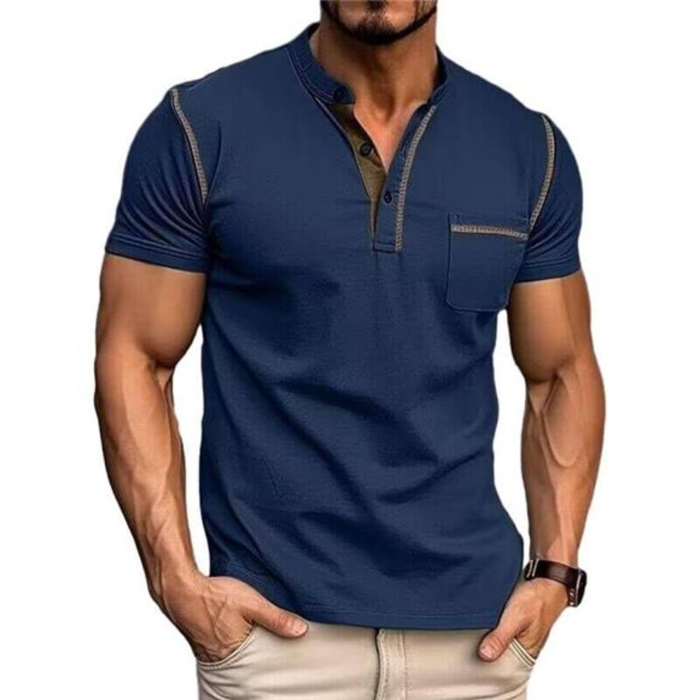 New Men's Classic Henley Shirt - Short‎ Lightweight Cotton Casual Top, Blue